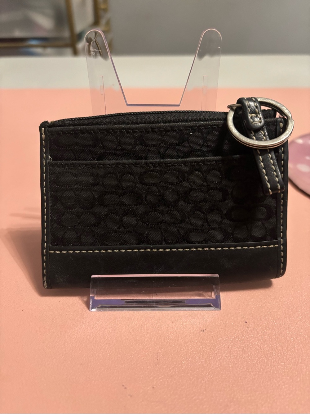 Coach Black Signature Canvas Card Holder with Key Ring Accent